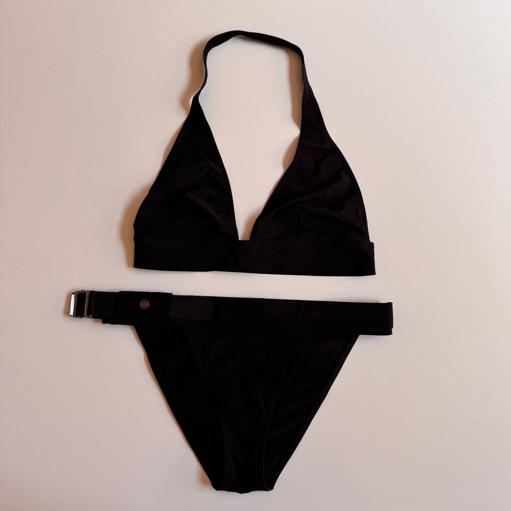 Gucci 1990s Tom Ford Black Stretch Belted Logo Buckle Bikini Swim Suit Small Y2K